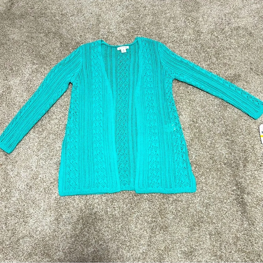 Skye’s The Limit Teal Cardigan Open Front Crochet